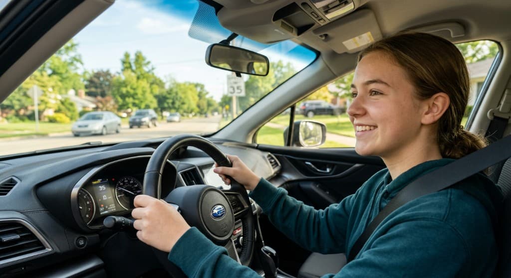 Teen driver practicing behind the wheel for Ohio BMV fifty-hour affidavit requirements